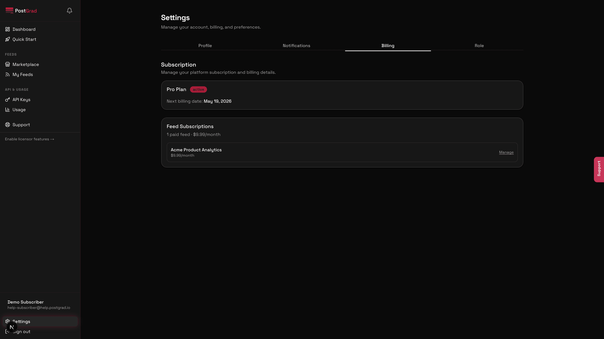 A confirmation view listing everything that stops: API calls, feed subscriptions, usage analytics retention.