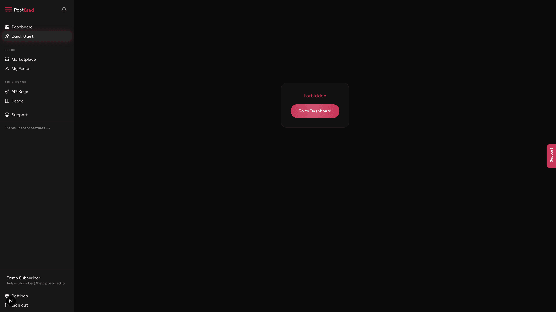 The Quick Start page showing a curl example pre-filled with the subscriber's API key and a sample knowledge-search request.