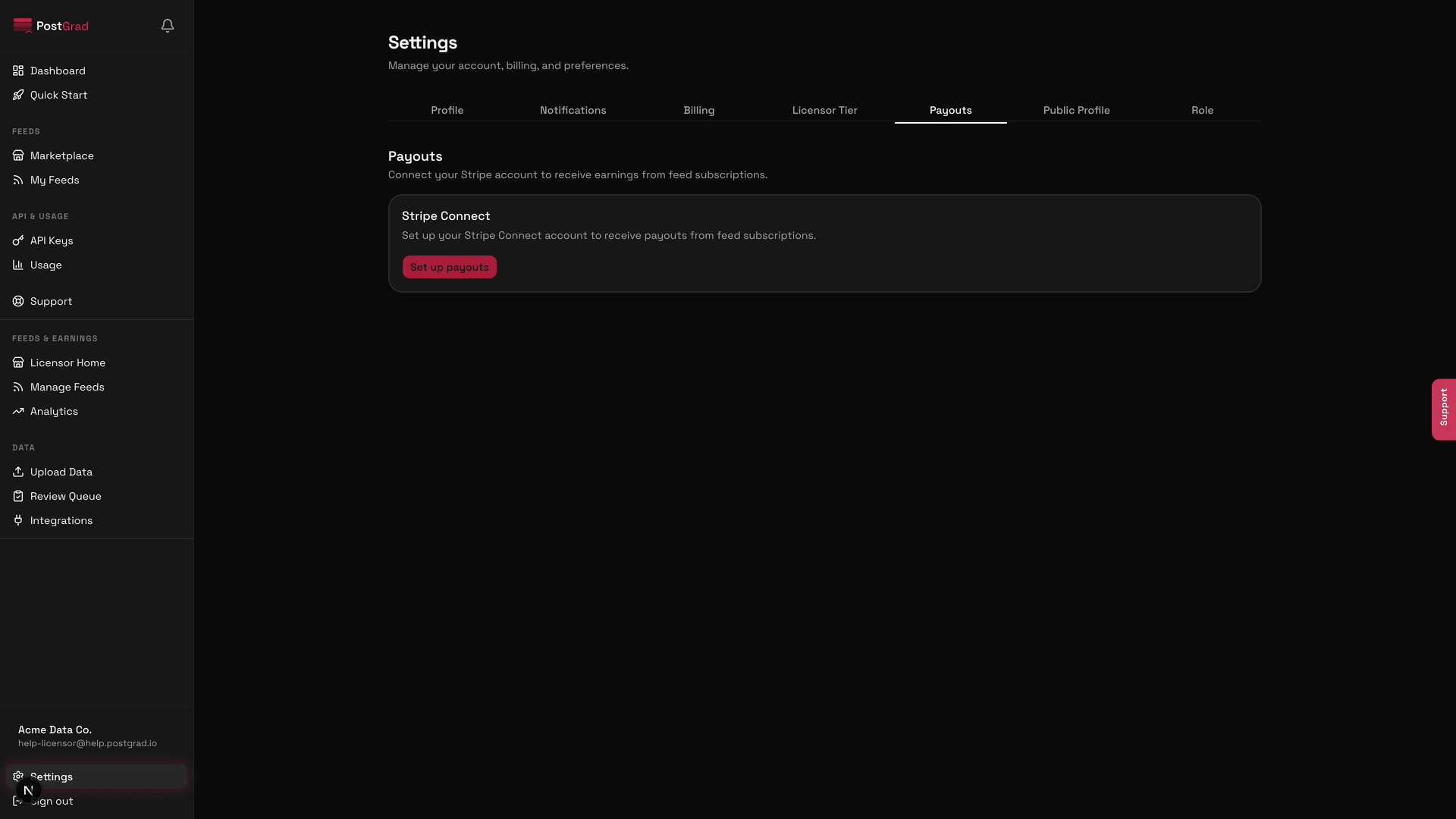 The Stripe Connect onboarding step for bank account details, showing routing number and account number fields.