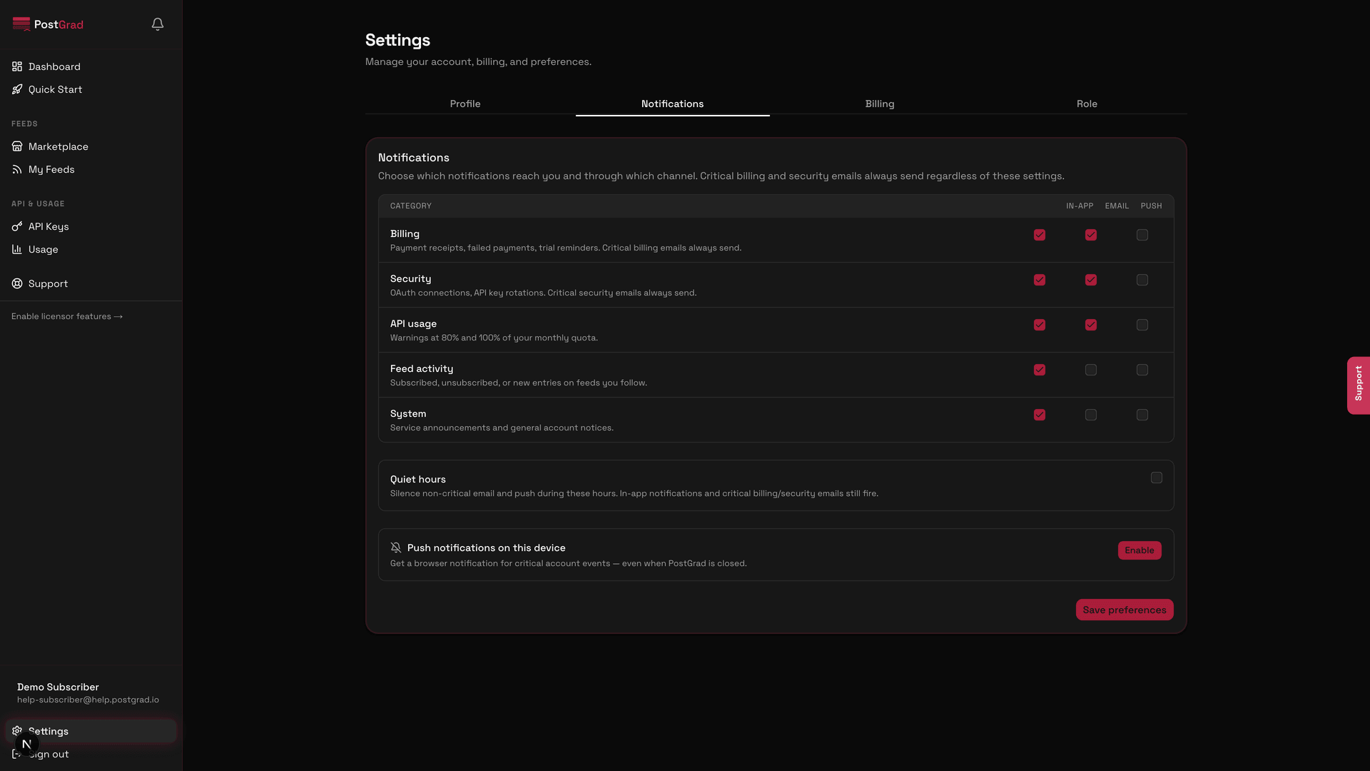 The browser's native permission prompt for push notifications, triggered from the Notifications tab.