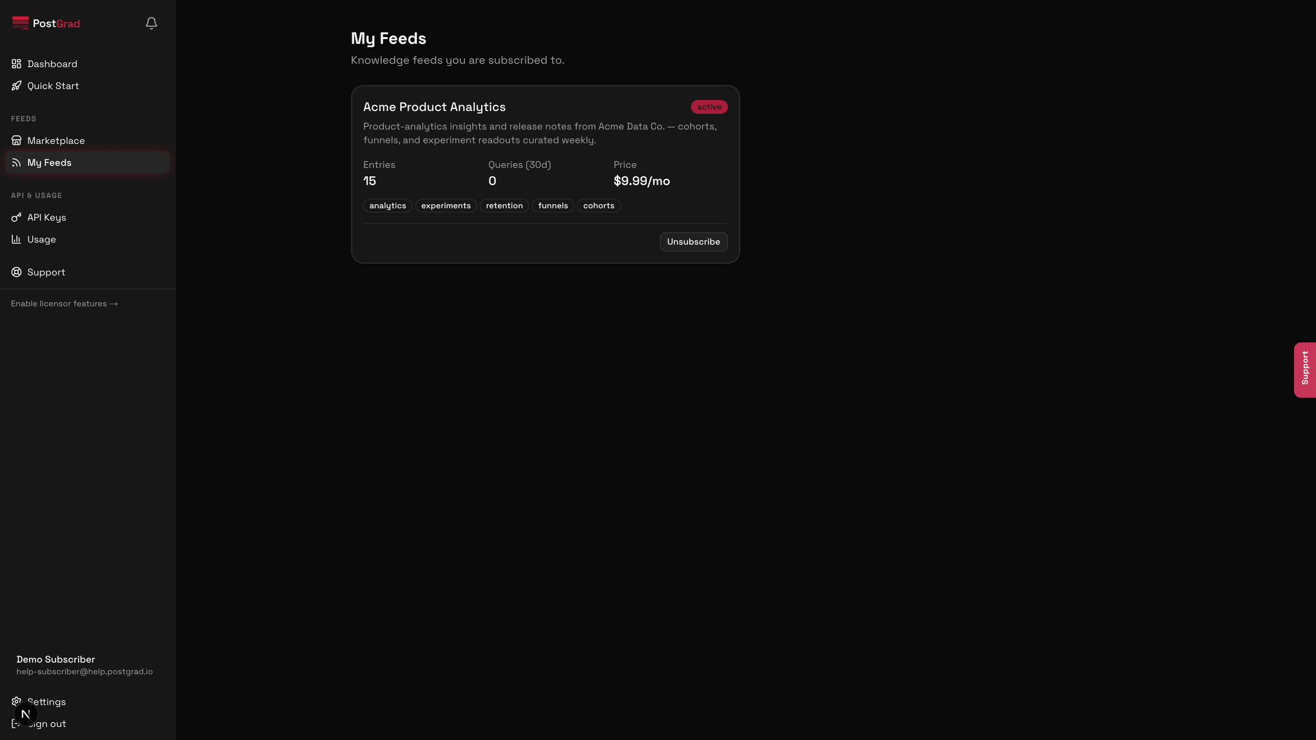 The My Feeds page showing the newly subscribed feed in the active list with its status, price, and next-billing date.